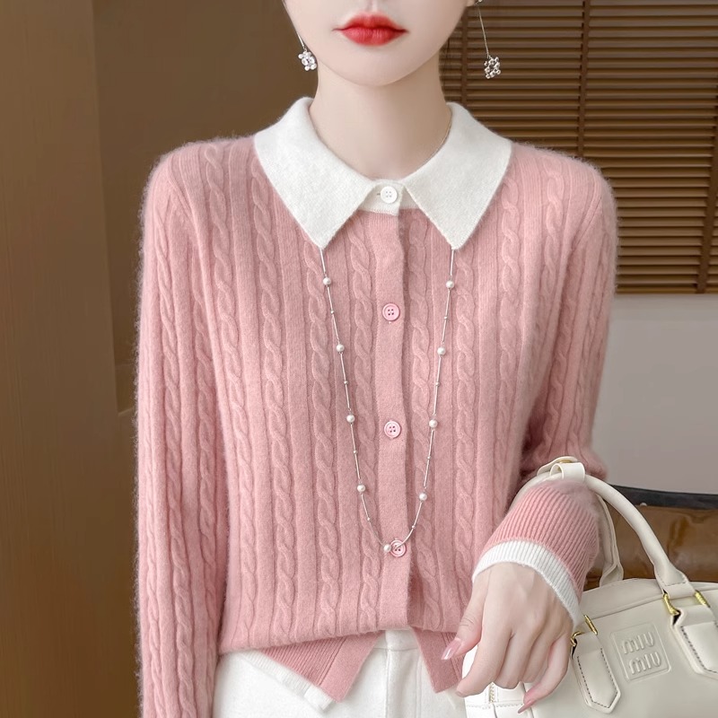 假两件羊毛针织开衫女秋冬2025新款显瘦宽松气质麻花翻领毛衣外套