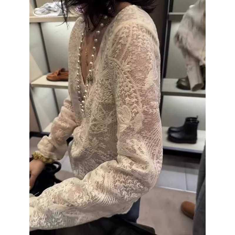 白色蕾丝衬衫女V领复古上衣