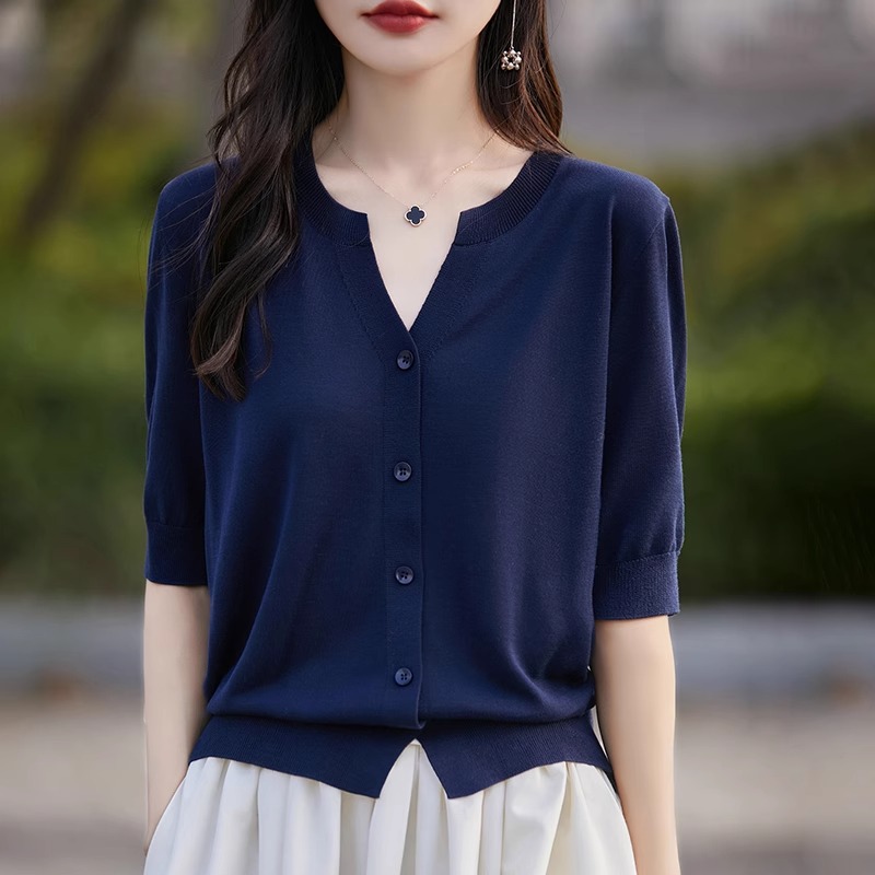 藏蓝色短袖t恤女春夏2025新款宽松慵懒风气质V领开衫外套针织上衣