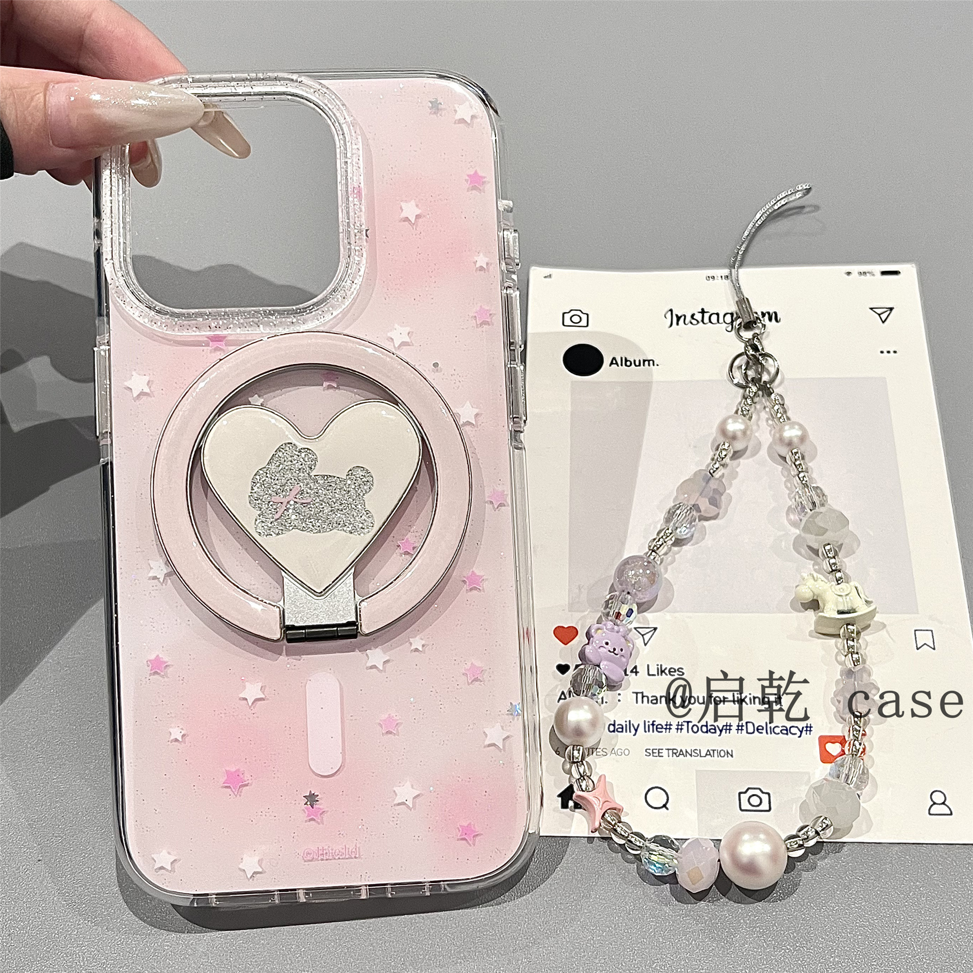 启乾 磁吸壳闪粉星星兔子折叠支架iPhone16/15手机壳适用苹果14/13promax硬壳12链条挂绳少女心粉色可爱新款