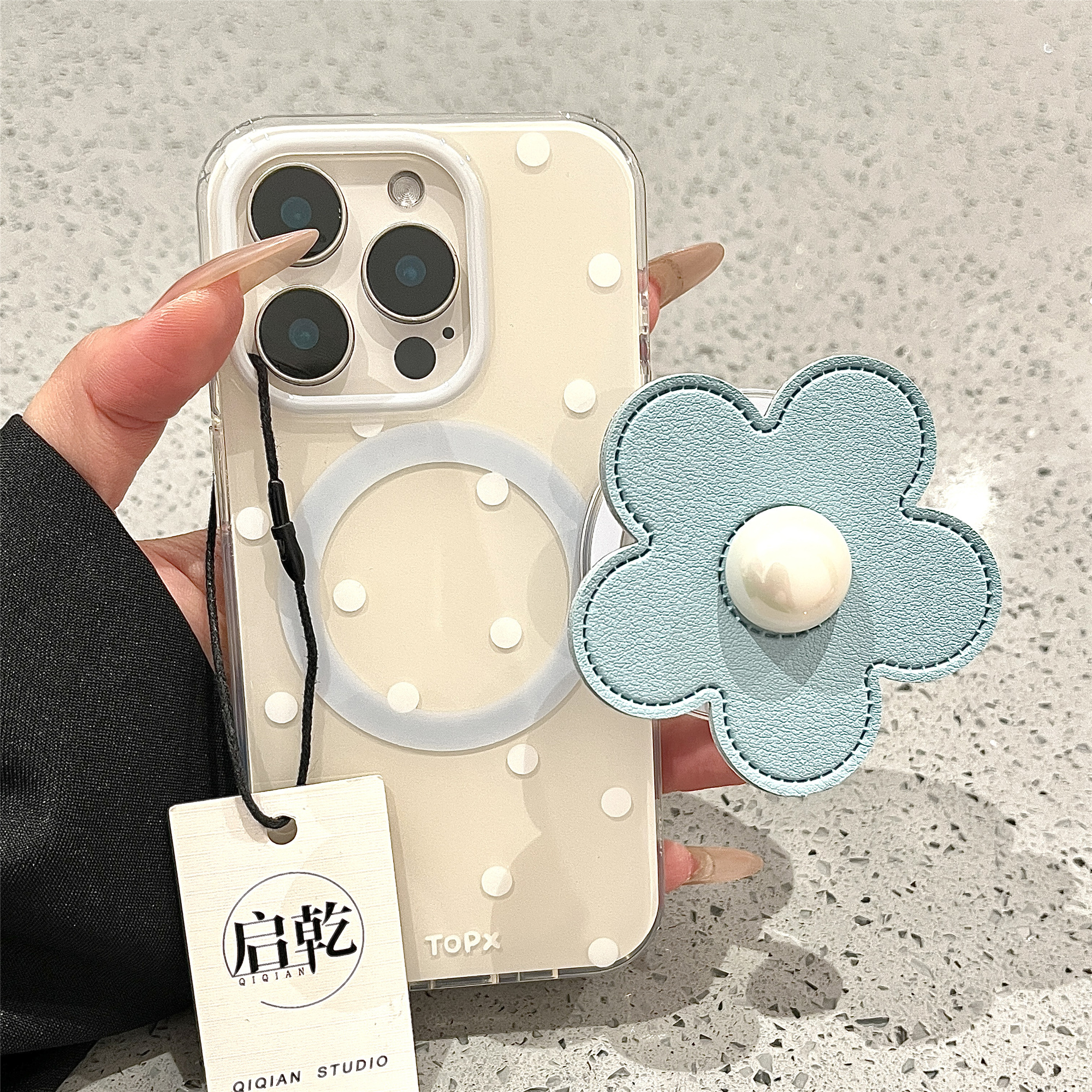 启乾 磁吸壳蓝色花朵带支架iPhone16/15手机壳适用苹果14/13promax双层硬壳少女心波点小众简约韩系ins风新款