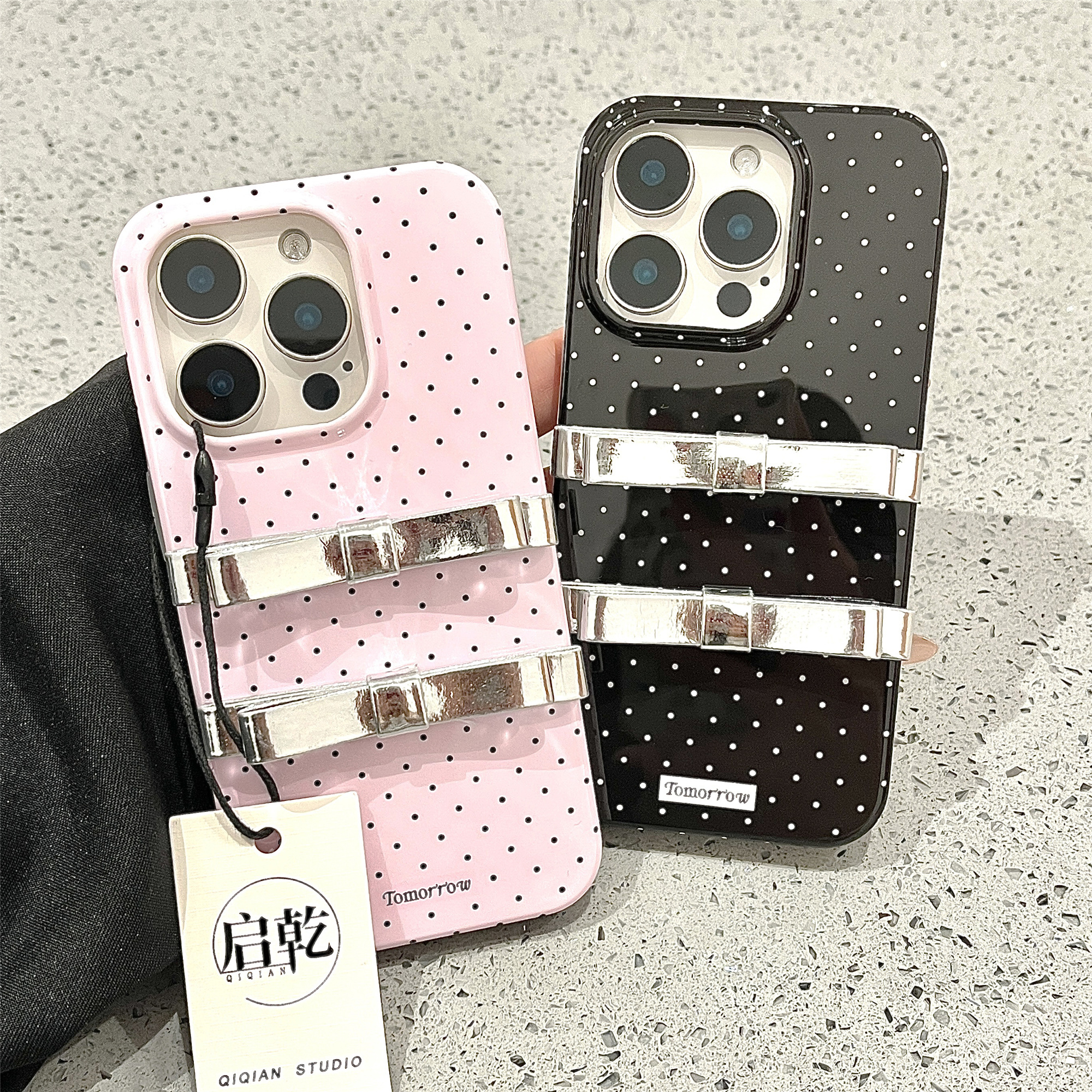 启乾 波点立体银色蝴蝶结iPhone16/15手机壳适用苹果14/13promax软壳少女心粉色黑色小众简约日韩温柔风新款