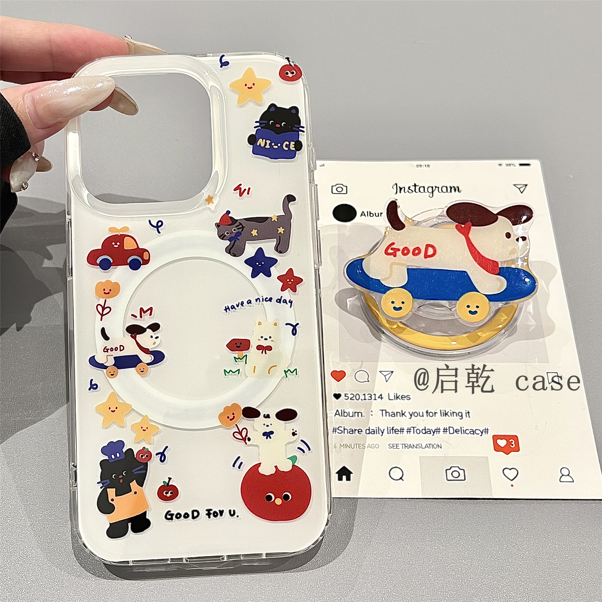 启乾 磁吸壳滑板狗狗带支架iPhone16/15手机壳适用苹果14promax双层硬壳少女心可爱卡通小众趣味新款奶呼呼