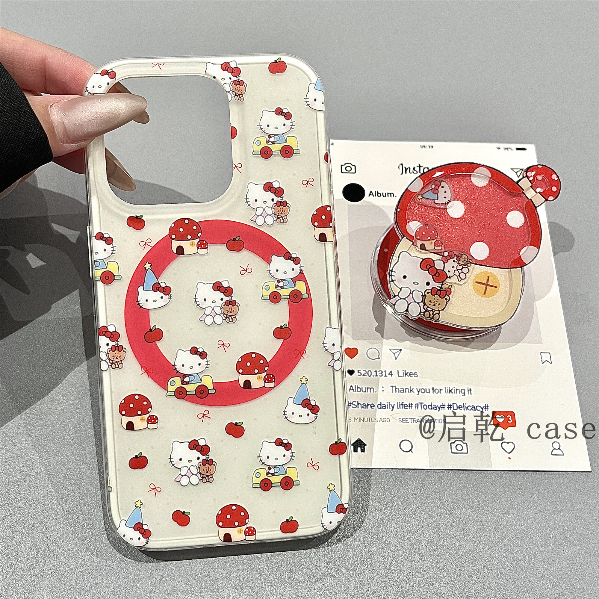 启乾 磁吸壳蘑菇屋凯蒂猫摇摇乐支架iPhone16/15手机壳适用苹果14/13promax硬壳可爱卡通哈喽HelloKitty新款