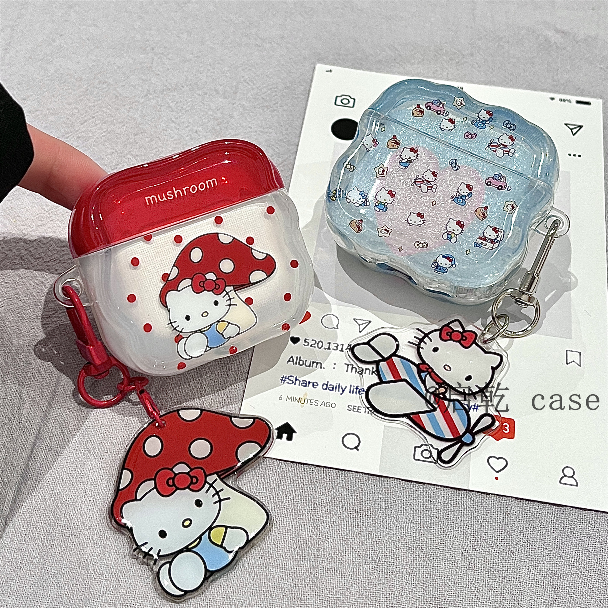 启乾 蘑菇爱心凯蒂猫挂件Airpods4/3耳机保护壳套2pro二三代新款适用苹果无线蓝牙硅胶软壳哈喽HelloKitty女