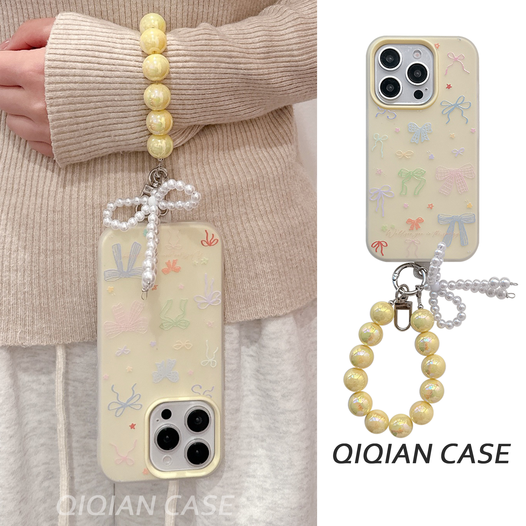 启乾 彩色蝴蝶结腕带iPhone16/15手机壳适用苹果14/13promax软壳12/11二合一链条挂绳少女心黄色小众日韩新款
