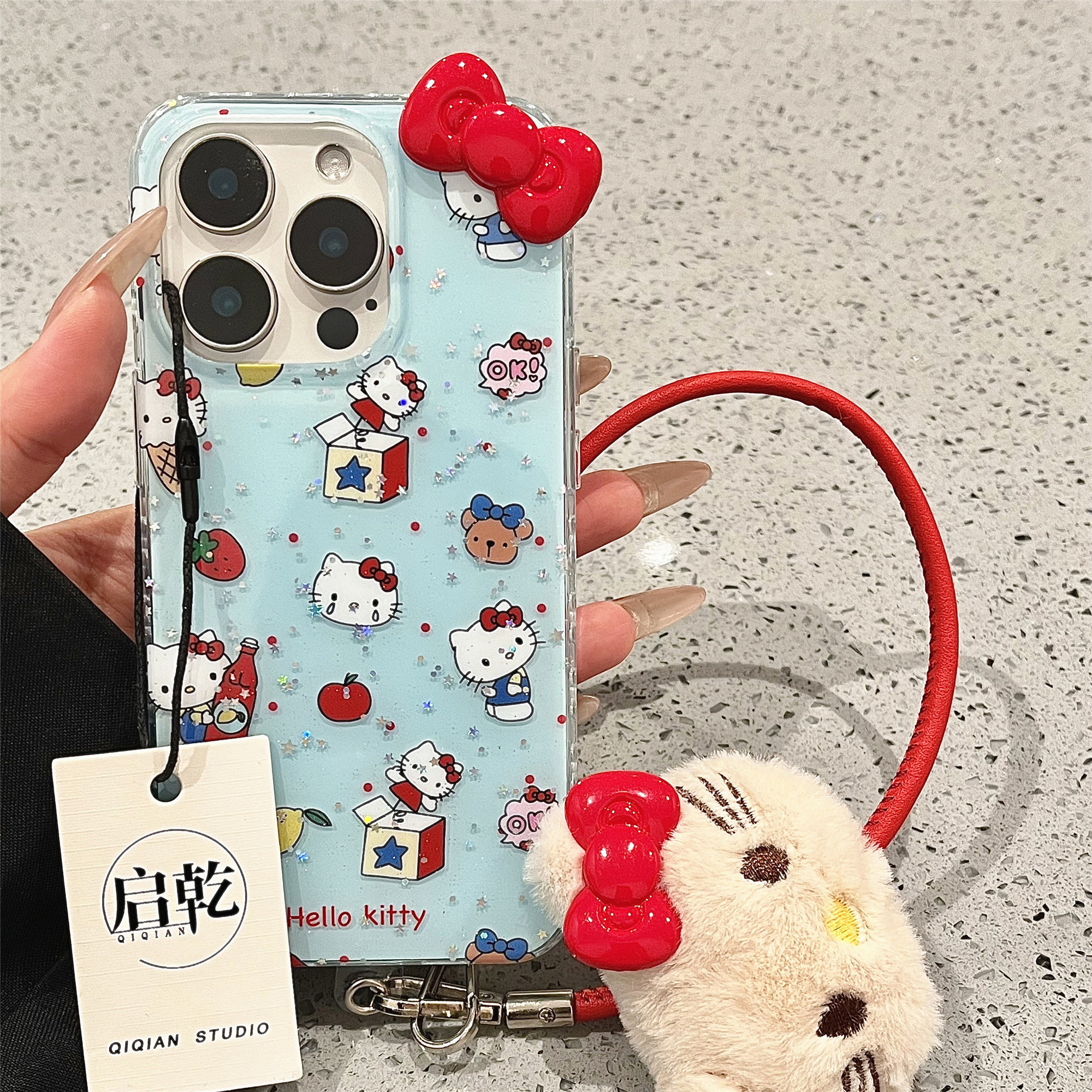 启乾 闪粉星星凯蒂猫腕带iPhone16/15手机壳适用苹果14/13promax硬壳链条挂绳少女心蓝色哈喽HelloKitty新款