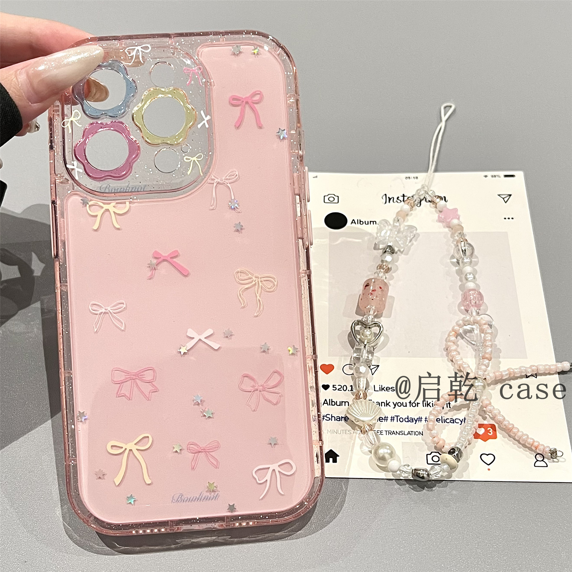 启乾 滴胶闪粉星星蝴蝶结腕带iPhone16/15手机壳适用苹果14/13promax硬壳链条挂绳少女心粉色小众日韩风新款
