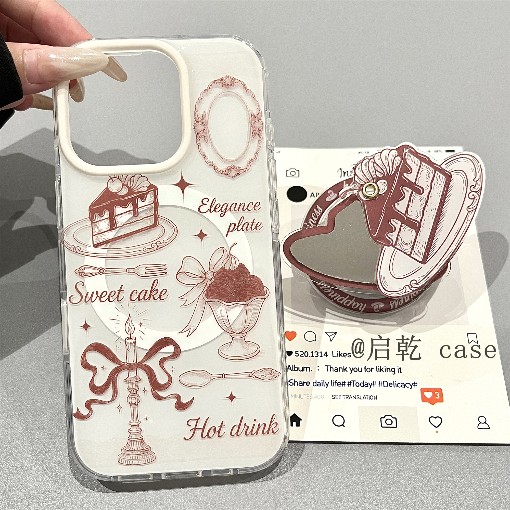 启乾 磁吸壳镜面蛋糕带支架iPhone16/15手机壳适用苹果14/13promax双层硬壳涂鸦小众日韩创意ins风新款镜子女