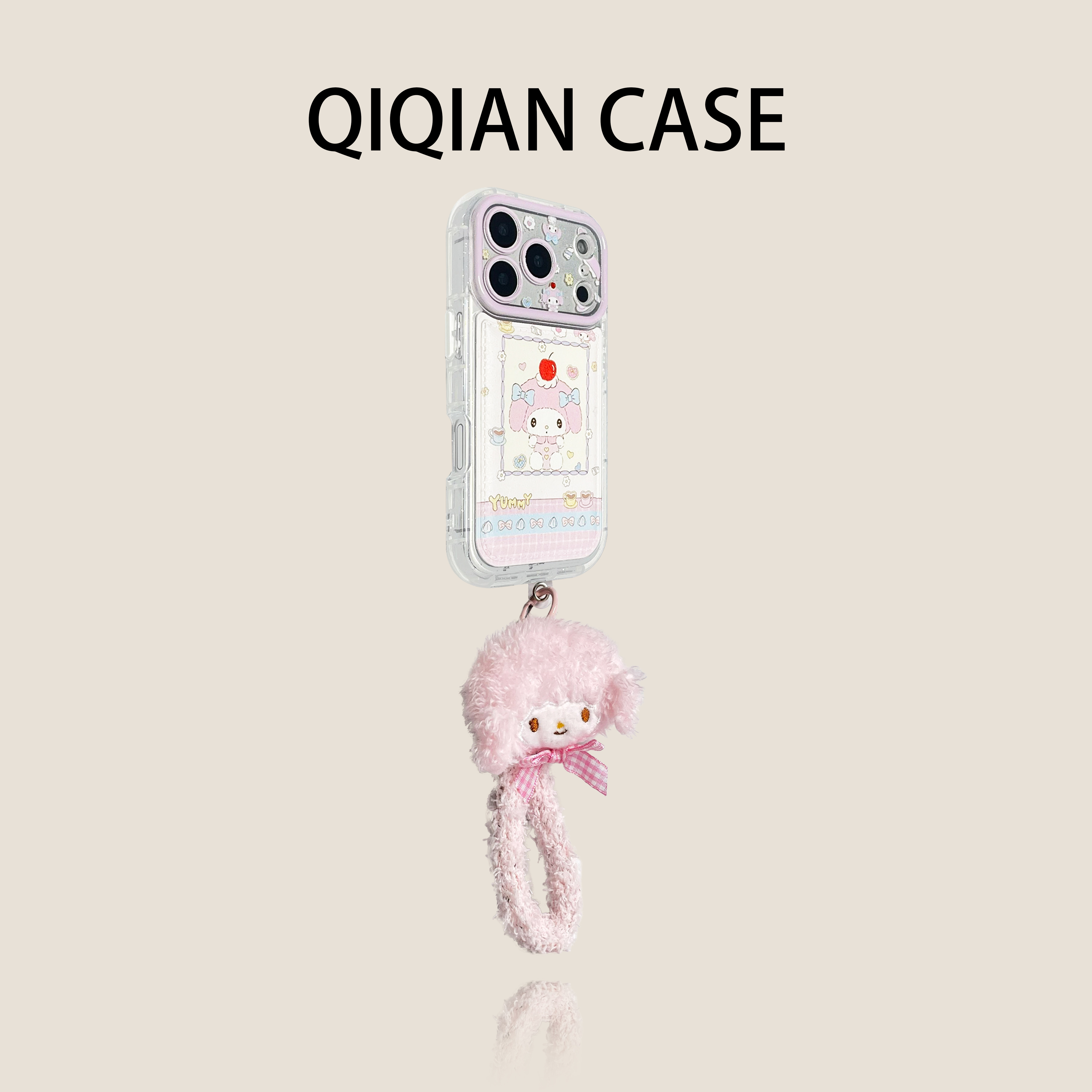 启乾 肤感皮纹鼓包粉底相框美乐蒂腕带iPhone17/16手机壳