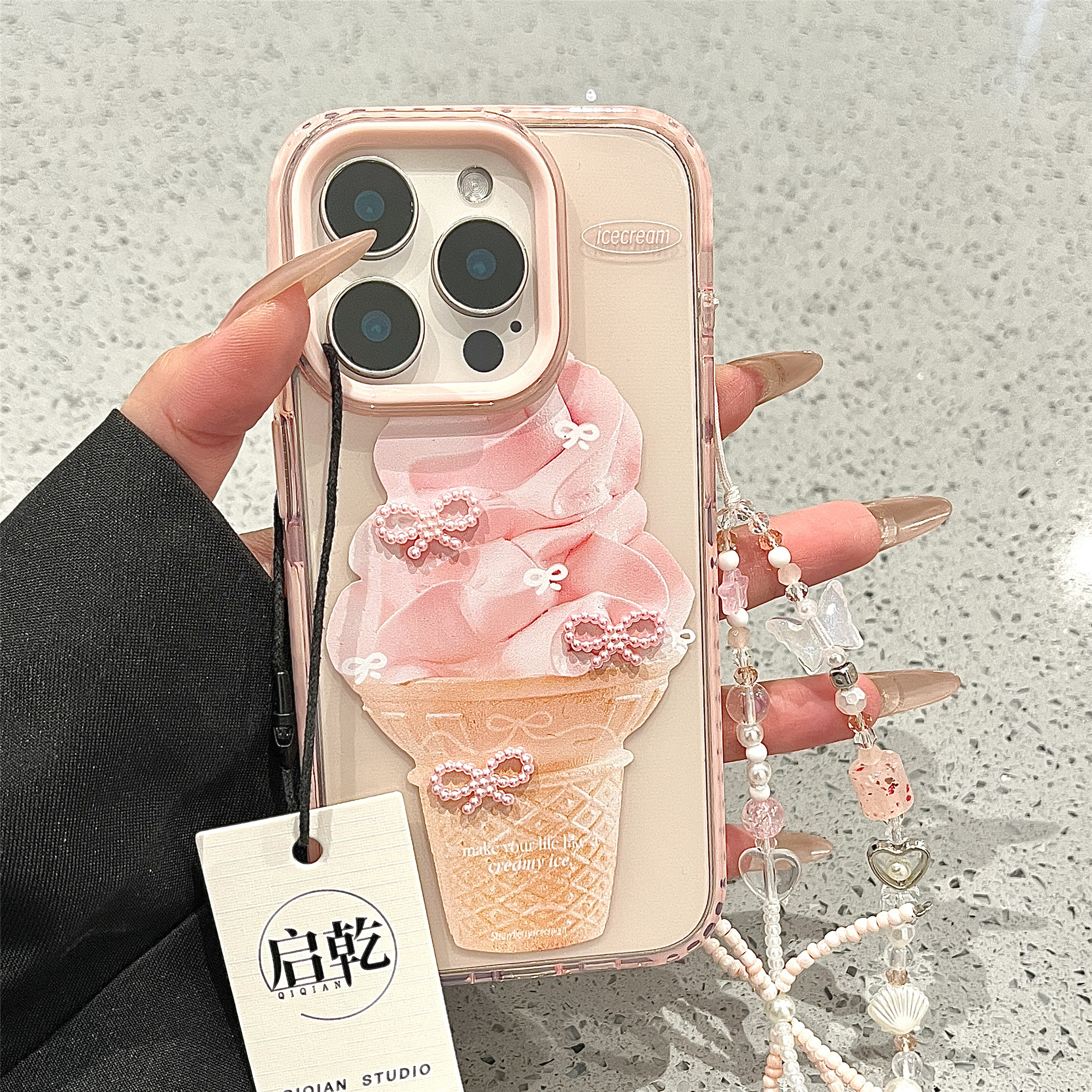 启乾 立体蝴蝶结冰淇淋腕带iPhone16/15手机壳适用苹果14/13promax软壳12/11链条挂绳少女心粉色小众新款夏天