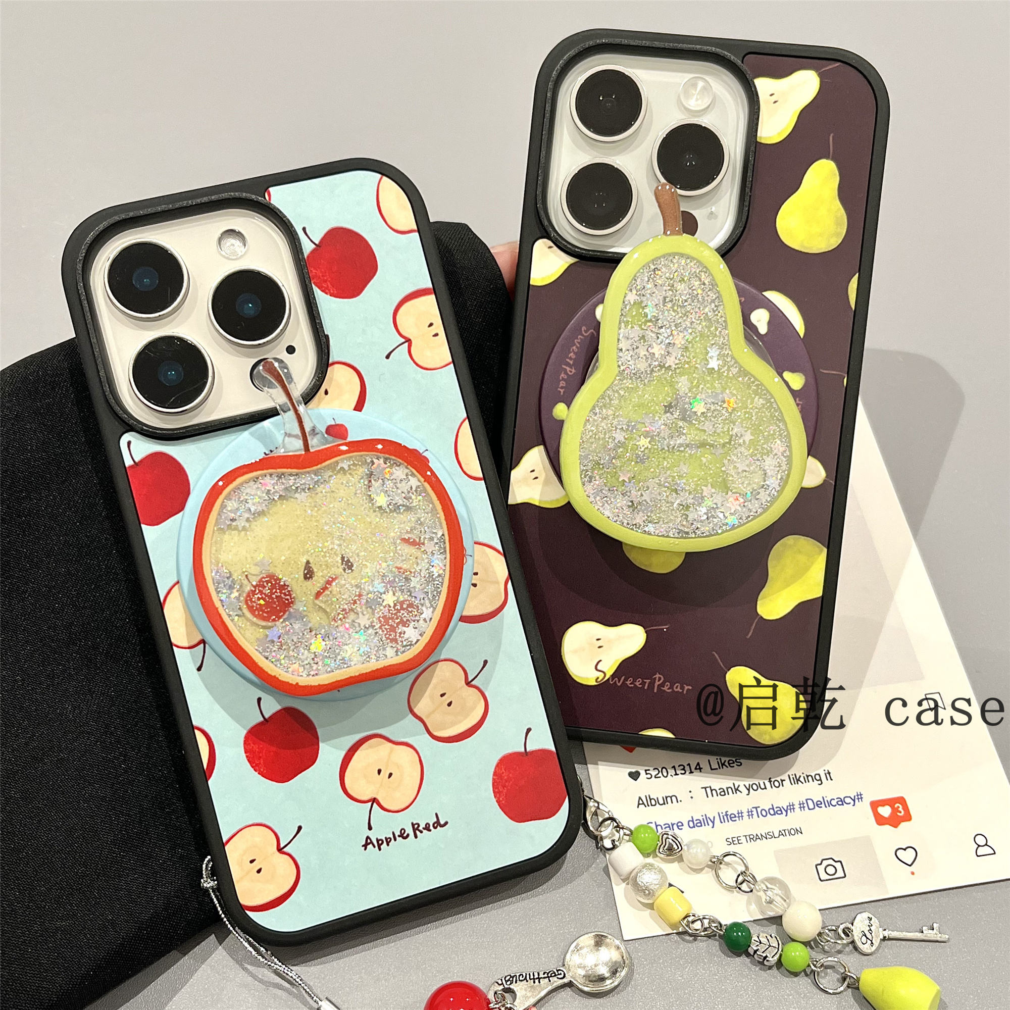 启乾 磁吸壳苹果雪梨带流沙支架挂件iPhone16/15手机壳适用苹果14/13promax菲林硬壳小清新小众韩系新款夏天