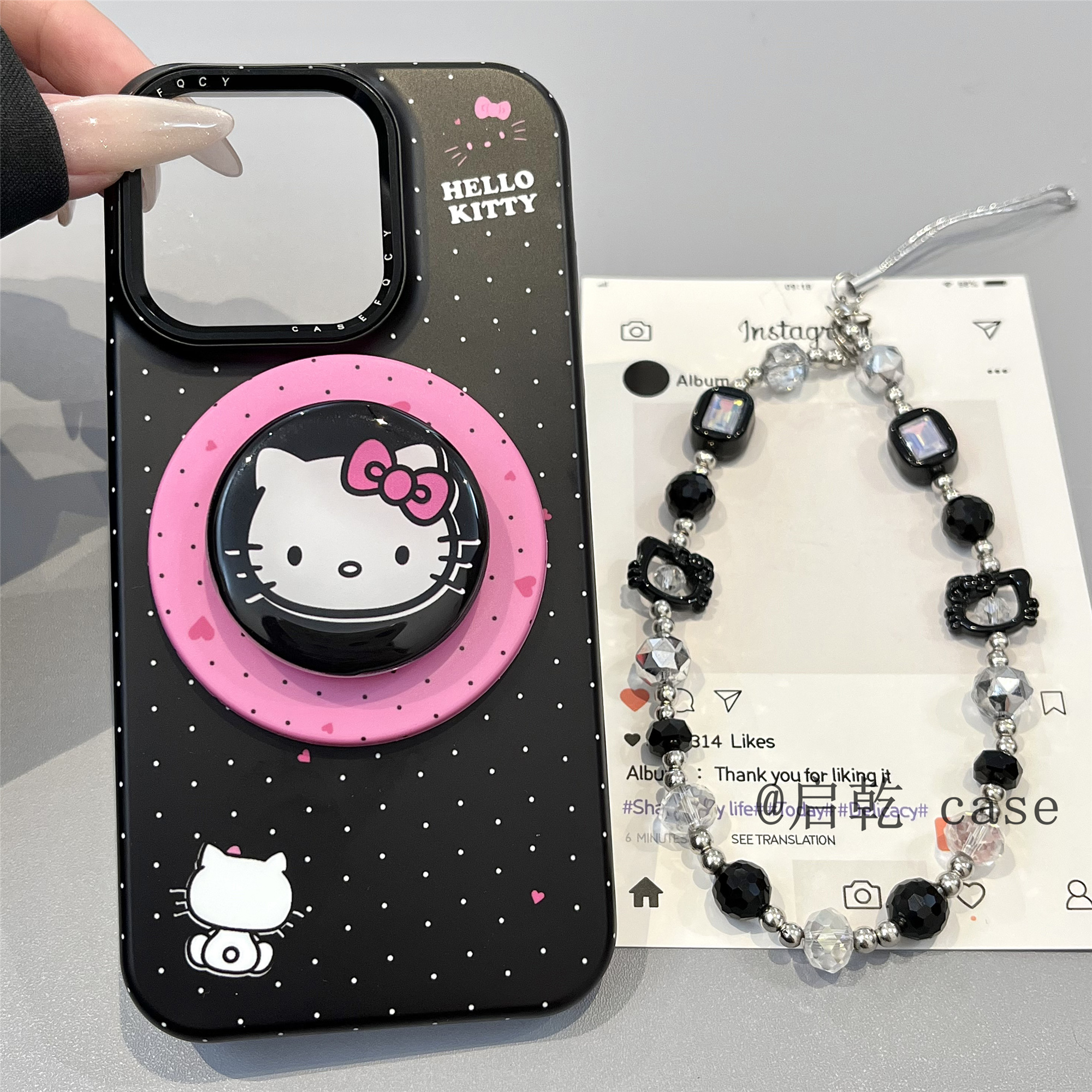 启乾 磁吸壳波点凯蒂猫带支架iPhone16/15手机壳适用苹果14/13promax菲林硬壳12链条挂绳哈喽HelloKitty新款