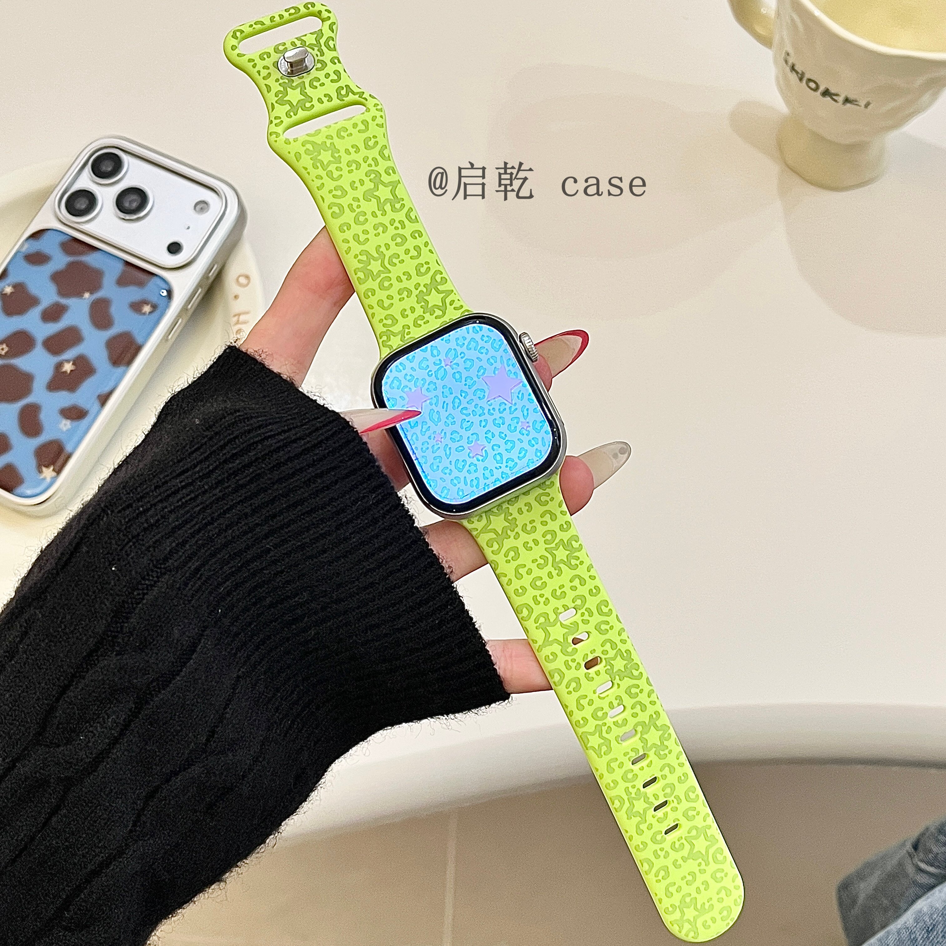 启乾 韩系ins星星豹纹适用iwatchs10/9苹果Applewatch7手表表带SE8荧光绿硅胶透气6运动5/4/3小众潮流高级感