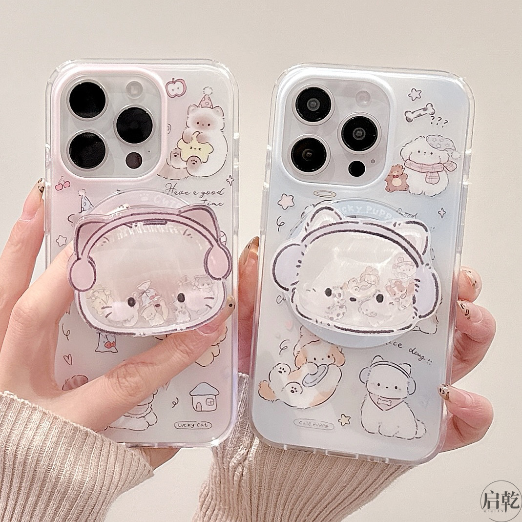 启乾 磁吸壳耳机猫咪狗狗摇摇乐支架iPhone16/15手机壳适用苹果14/13promax双层硬壳少女心可爱卡通新款情侣