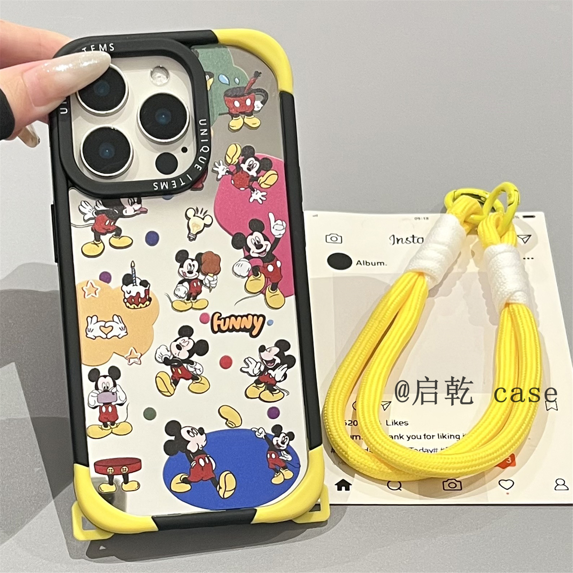 启乾 镜面彩色波点小老鼠腕带iPhone16/15手机壳适用苹果14/13promax硬壳链条挂绳少女心可爱卡通新款镜子
