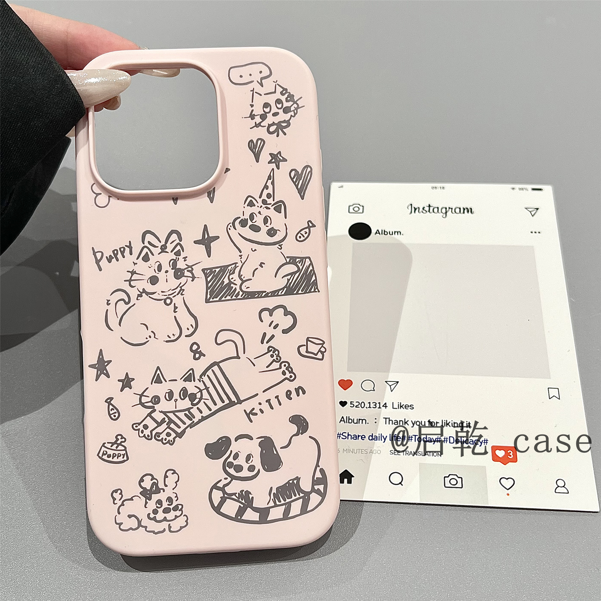 启乾 磁吸壳涂鸦猫咪狗狗iPhone16/15手机壳适用苹果14/13promax液态硅胶硬壳少女心粉色可爱卡通ins新款防摔