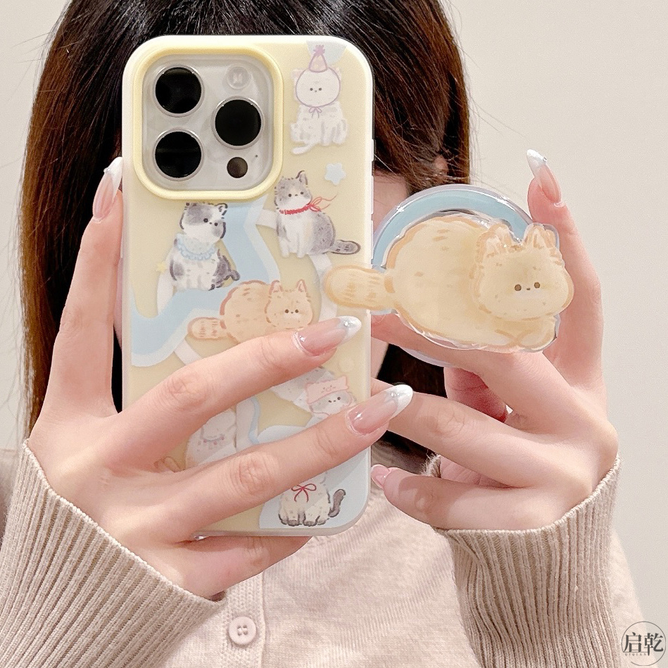 启乾 磁吸壳猫咪带旋转支架iPhone16/15手机壳适用苹果14/13promax软壳少女心奶黄色可爱卡通小众趣味新款