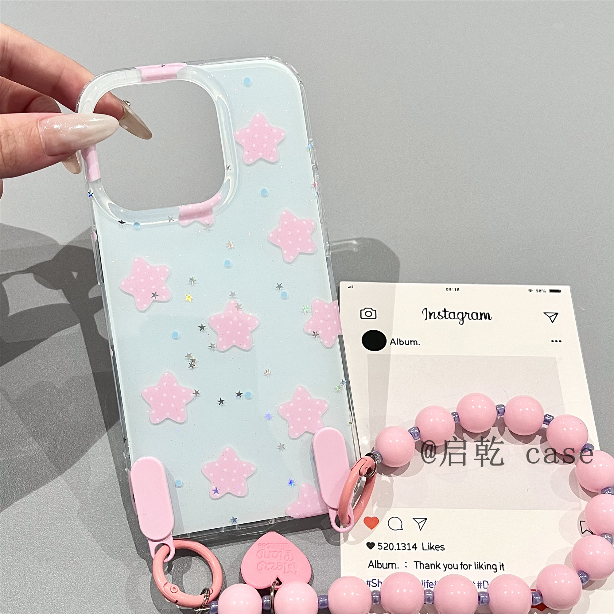启乾 闪粉粉色星星腕带iPhone16/15手机壳适用苹果14/13promax双层硬壳手提链条挂绳少女心小众日韩新款夏天