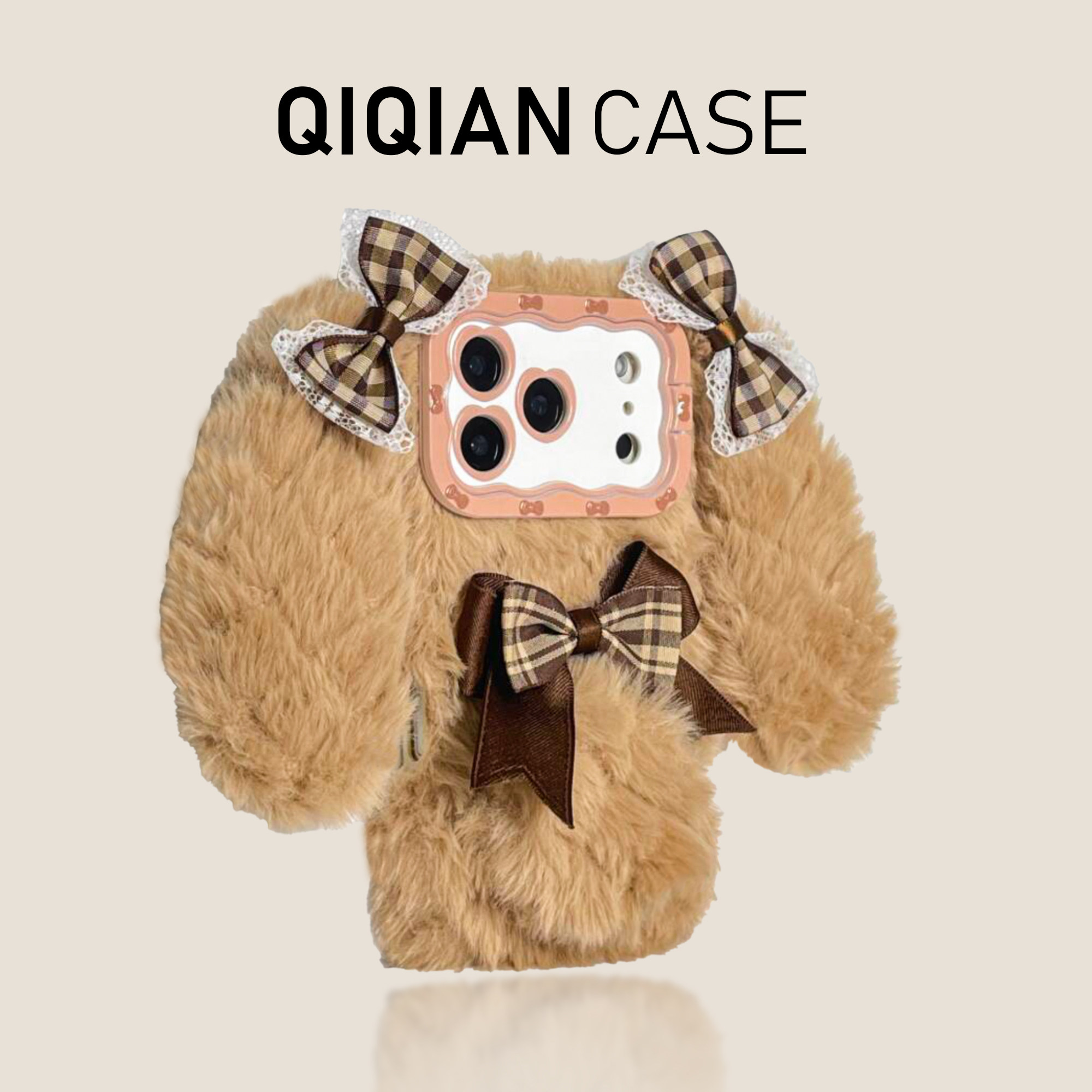 启乾 卡其色蝴蝶结立体长耳朵兔子iPhone17/16手机壳适用苹果15/14promax毛绒软壳13可爱少女心新款趣味ins风