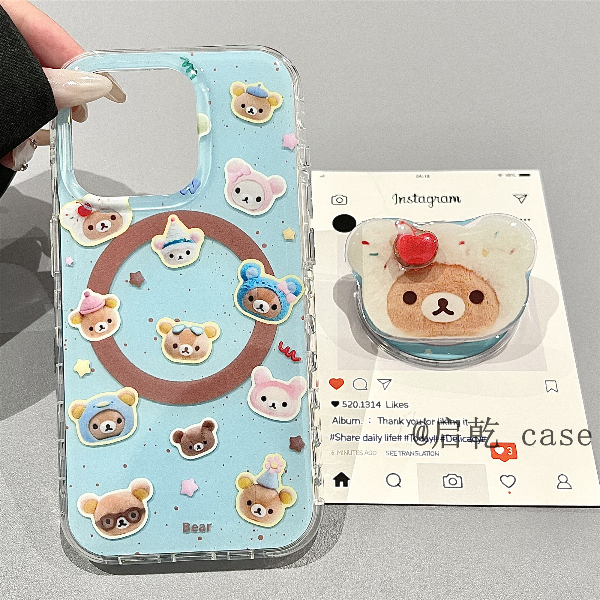 启乾 磁吸壳樱桃轻松熊旋转支架iPhone16/15手机壳适用苹果14/13promax双层硬壳少女心泼墨可爱卡通新款夏天