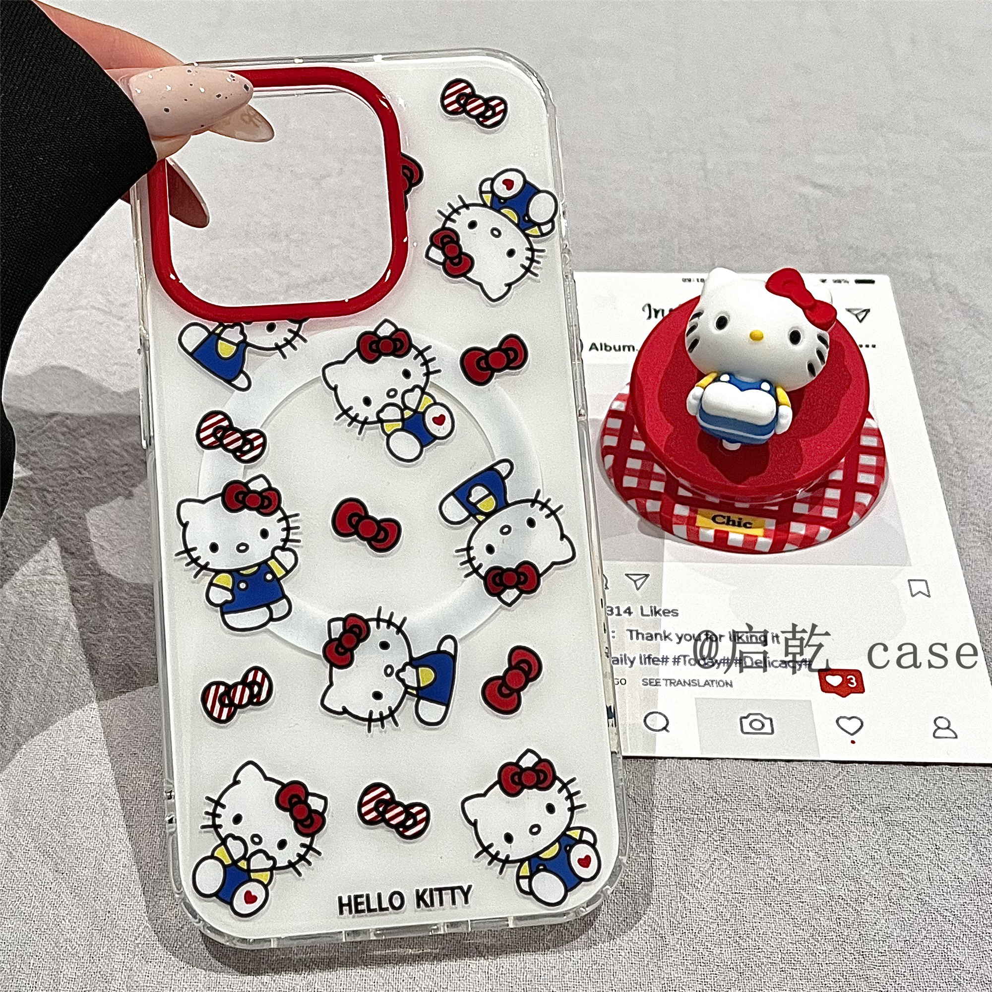 启乾 磁吸壳格纹凯蒂猫带支架iPhone16/15手机壳适用苹果14/13promax双层硬壳少女心可爱哈喽HelloKitty新款