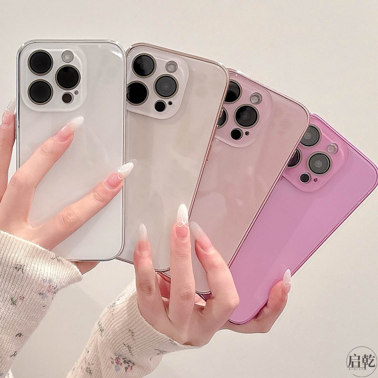 启乾 玻璃壳简约纯色iPhone15手机壳适用苹果14/13promax硬壳12自带镜头膜极简小众新款防摔情侣男女全包