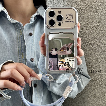 启乾 大视窗镜面凯蒂猫iPhone16/15手机壳适用苹果14/13promax皮质软壳卡包卡套插卡哈喽hellKitty可爱新款女