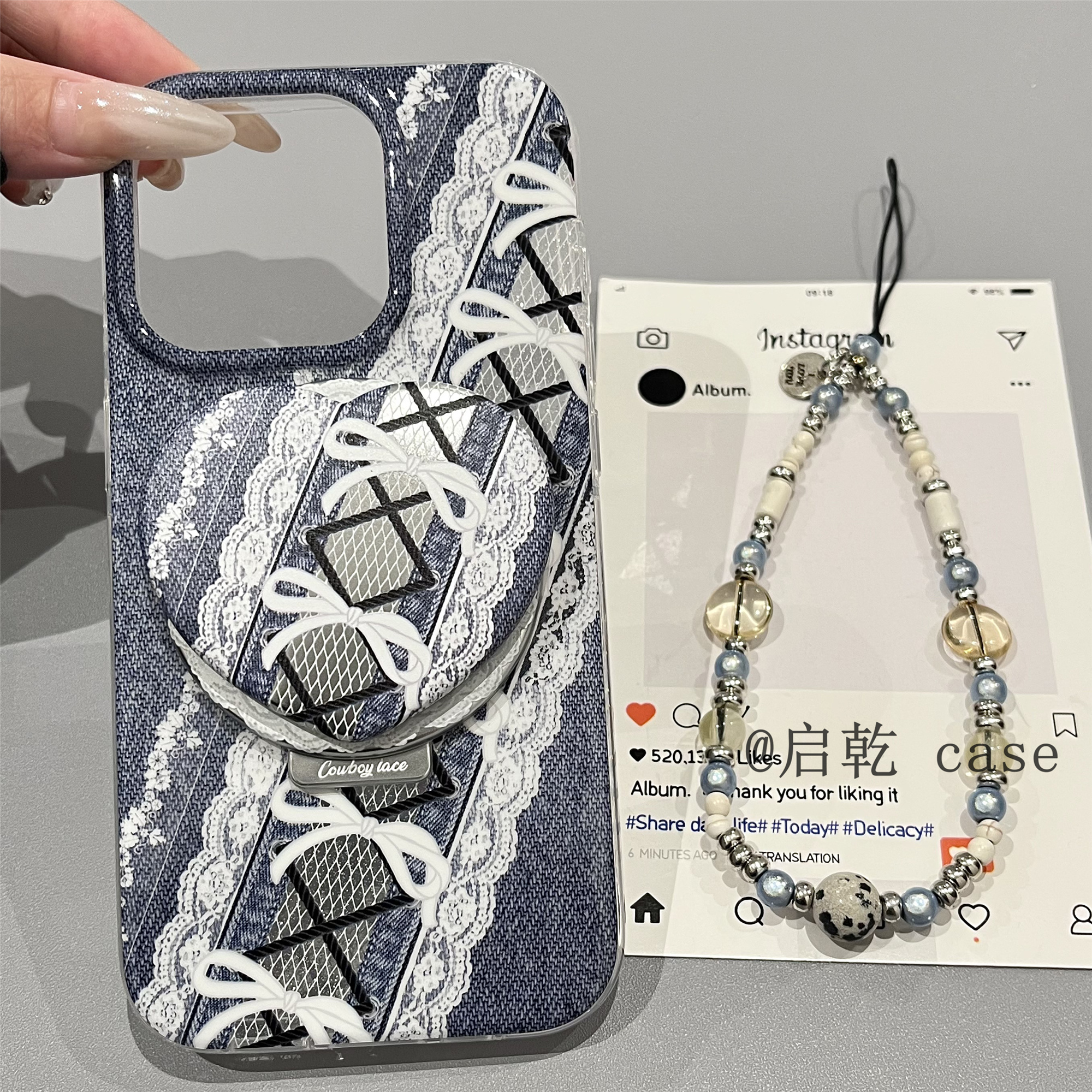 启乾 磁吸壳蕾丝蝴蝶结带支架iPhone16/15手机壳适用苹果14/13promax双层硬壳链条挂绳高级感小众日韩ins新款