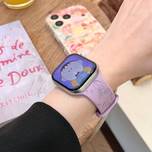 启乾 9苹果Applewatch7手表表带SE8薰衣草紫硅胶透气6运动5 阿呆骑单车适用iwatchs10 3趣味ins风 卡通新款