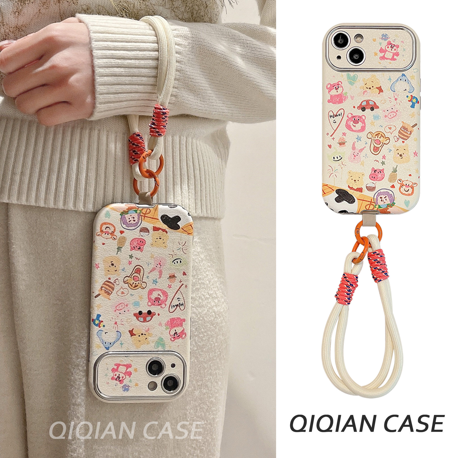 启乾 涂鸦维尼熊草莓熊腕带iPhone15手机壳适用苹果14/13promax皮质软壳12手提11链条挂绳可爱动漫卡通新款女
