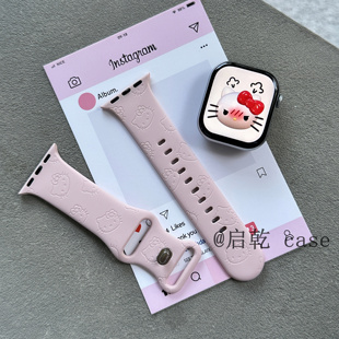 适用iwatchs10苹果Applewatch9手表表带SE8粉色凯蒂猫7可爱卡通硅胶透气6运动5 3少女心哈喽HelloKitty新款