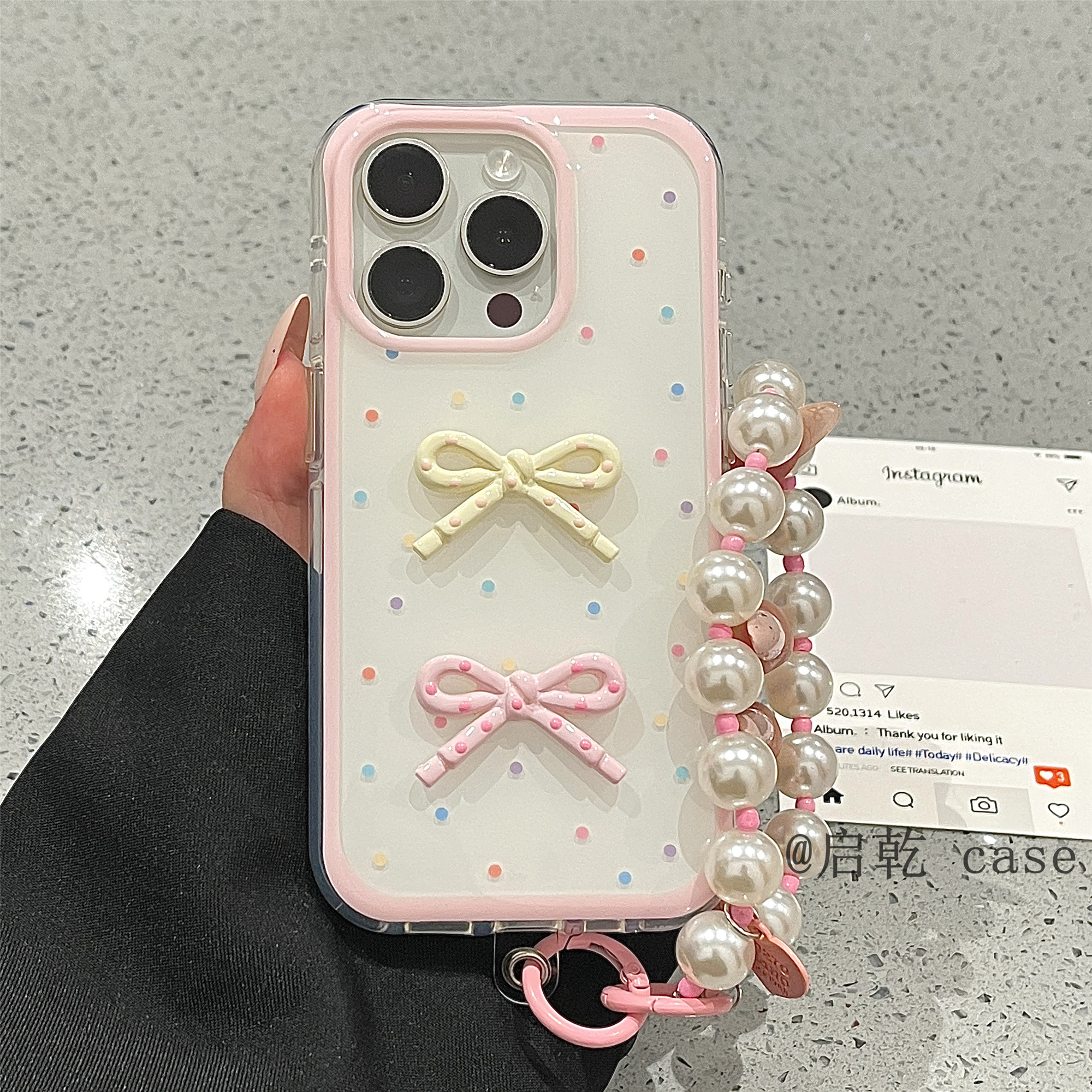 启乾 彩色波点立体蝴蝶结iPhone16/15手机壳适用苹果14/13promax双层硬壳链条挂绳少女心多巴胺小众日韩新款