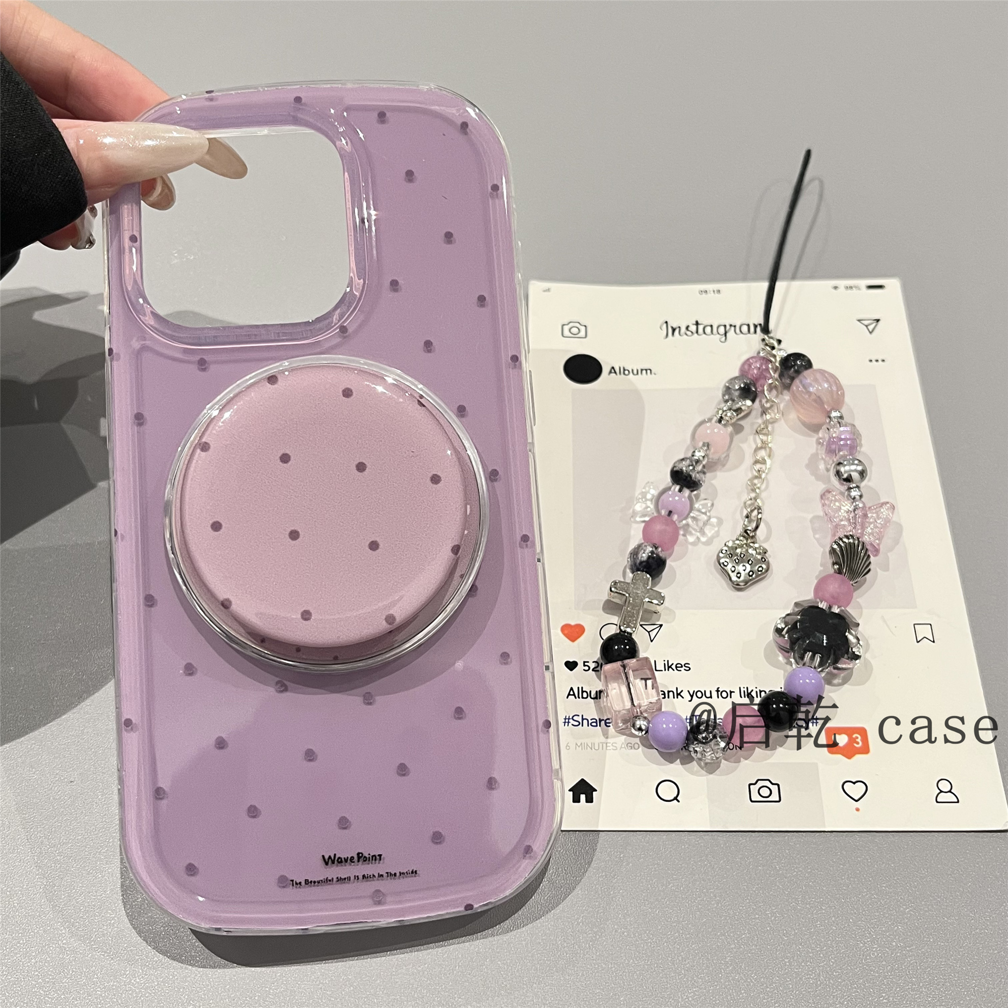 启乾 磁吸壳紫色波点带支架iPhone16/15手机壳适用苹果14/13promax双层硬壳链条挂绳少女心小众日韩简约新款