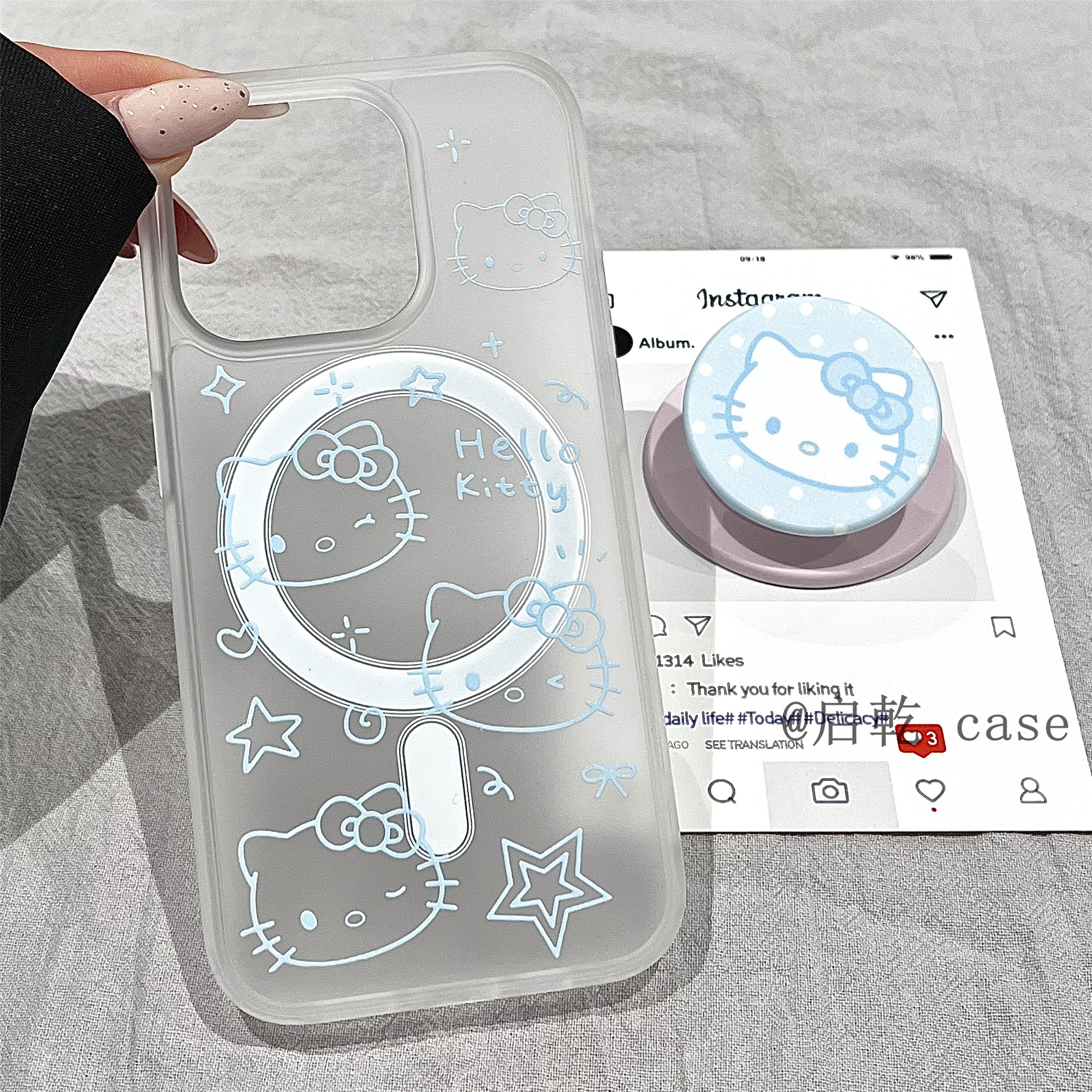 启乾 磁吸壳线条凯蒂猫带支架iPhone16/15手机壳适用苹果14/13promax硬壳少女心蓝色星星哈喽HelloKitty新款