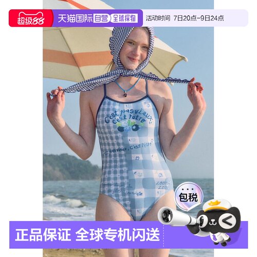 韩国直邮LOOPLOOP联名蓝莓格纹细吊带半高叉V领后背连体泳衣女