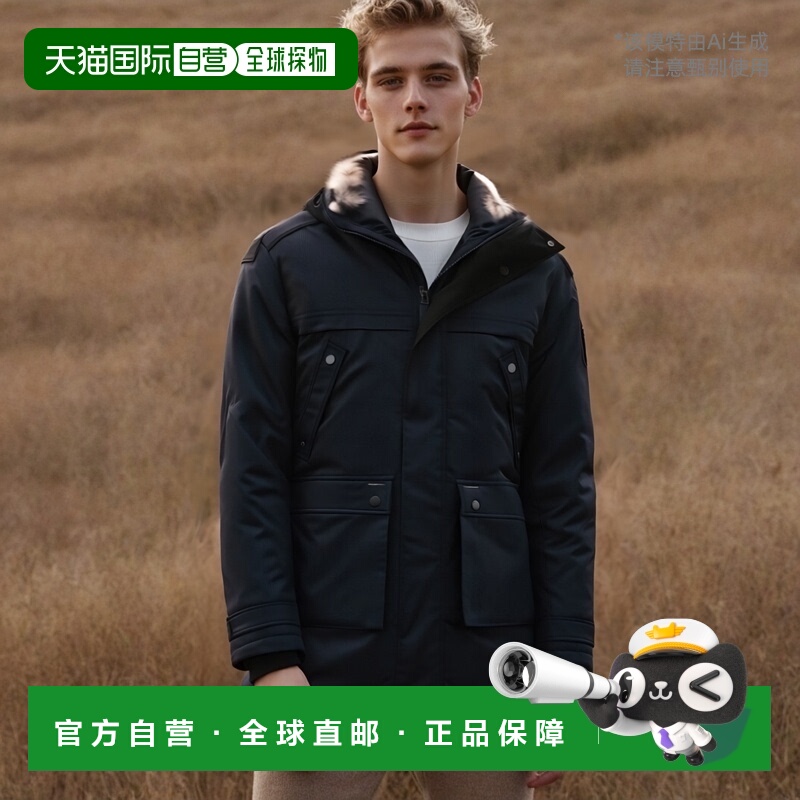 韩国直邮NOBIS羽绒服男女款毛绒连帽海军蓝中长款保暖宽松拉链