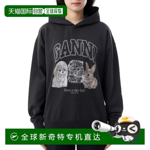兜帽 韩国直邮GANNI 252 黑色动物印花连帽衫 拉链 T4270