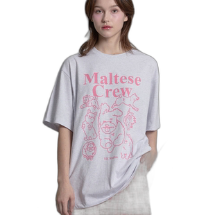 韩国直邮WAIKEI韩国直邮海豚小狗印花百搭休闲24新款T恤YKBD02TS1