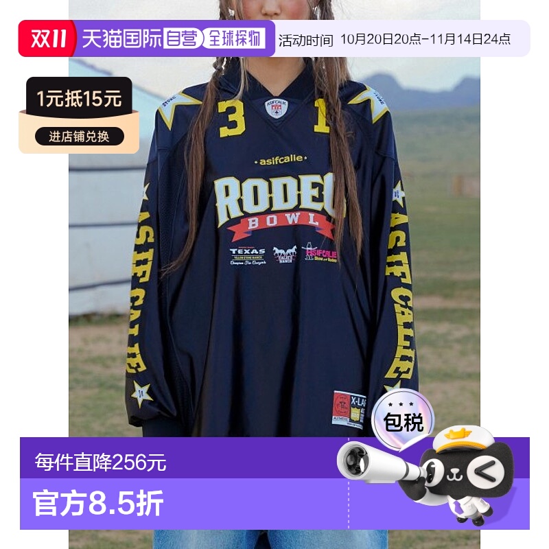 韩国直邮AS IF CALIE RODEO FOOTBALL JERSEY BLACK女装T恤CA23CL