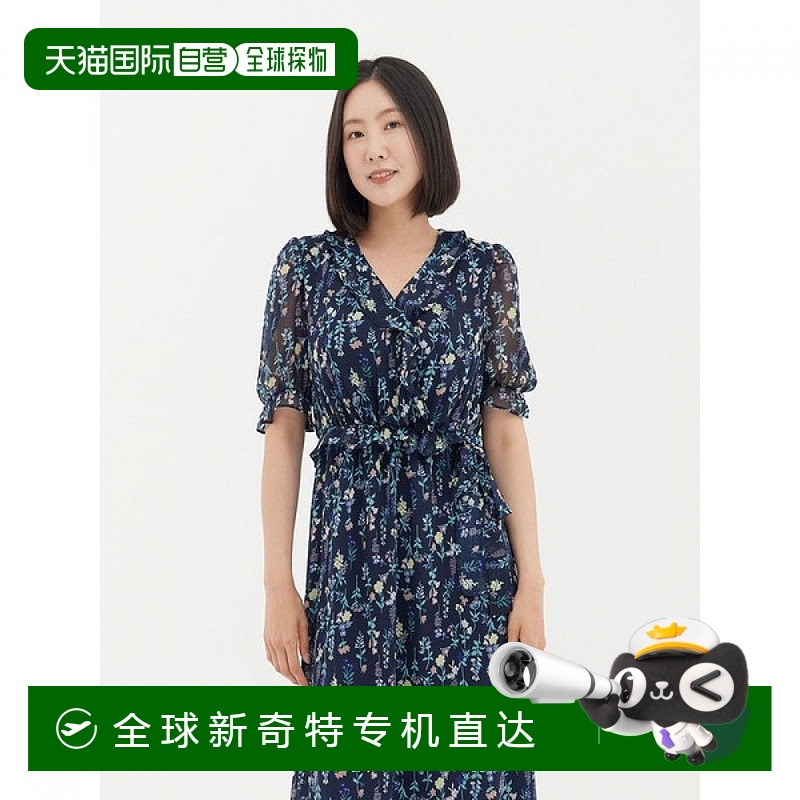 1h可退 韩国直邮샤트렌 Navy V领长款荷叶边连衣裙 HCBMOP101新款