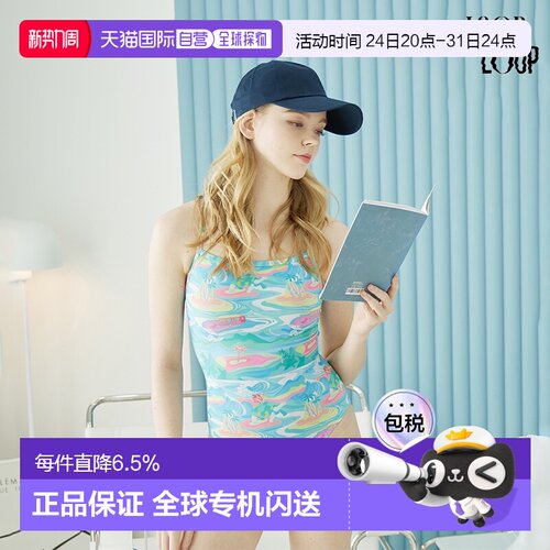 韩国直邮LOOPLOOP多巴胺海岛双绑带半高叉连体泳衣女度假显瘦复古
