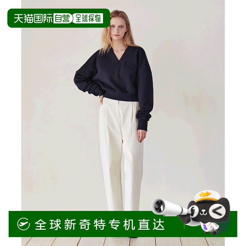 1小时内可退 韩国直邮RONRON 大胆罗纹 V 领卫衣海军蓝时尚休闲百