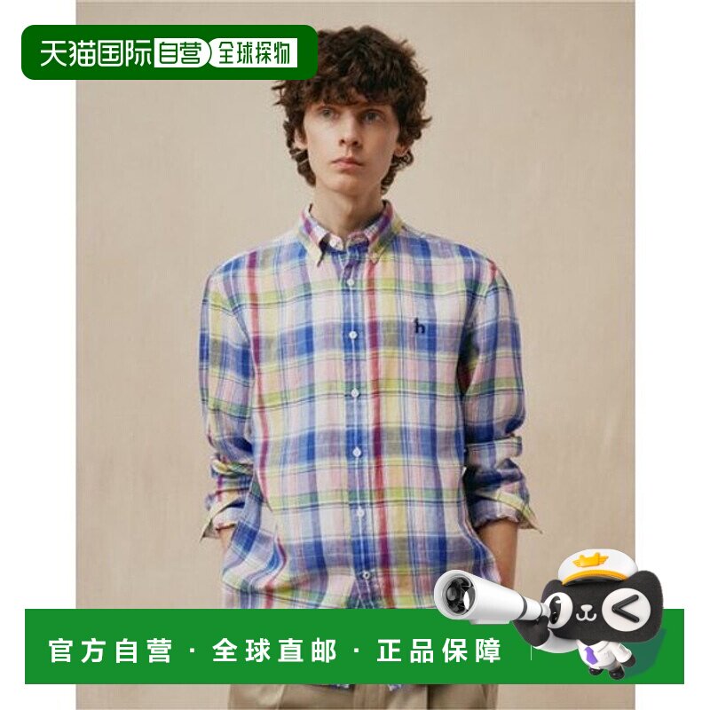 韩国直邮HAZZYS 赫奇斯粉色亚麻马德拉斯格纹男士衬衫 (HZSH5B331图片