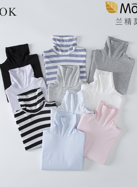 薄款高领打底衫儿童堆堆领长袖T恤男女童白黑色莫代尔翻领上衣