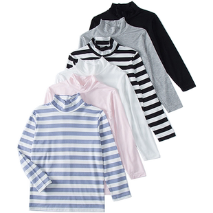 儿童薄款半高领上衣男童女童莫代尔中领纯色T恤条纹A类长袖打底衫