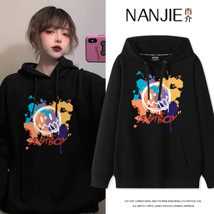 涂鸦笑脸黑色连帽卫衣女小个子加绒加厚冬季甜酷风外套oversize潮