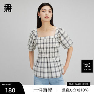 春秋气质方领领复古泡泡袖 播奥莱 播方领格纹衬衫