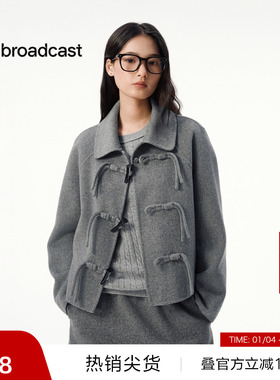 【播奥莱】播翻领牛角扣短款灰色毛呢外套女秋冬上衣DDS4AD5284