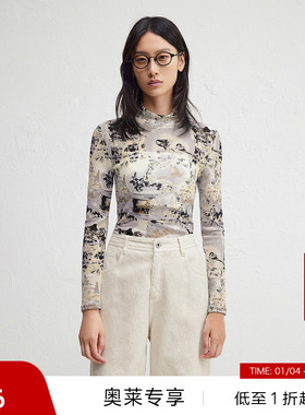 【播奥莱】播商场同款复古印花T恤女24秋冬修身打底衫BDR4YD3998